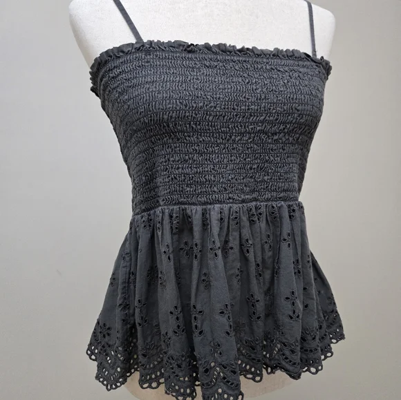 American Eagle Tank Top Shirt Lace Smocked Eyelet Babydoll Charcoal Women's XL - Picture 3 of 16